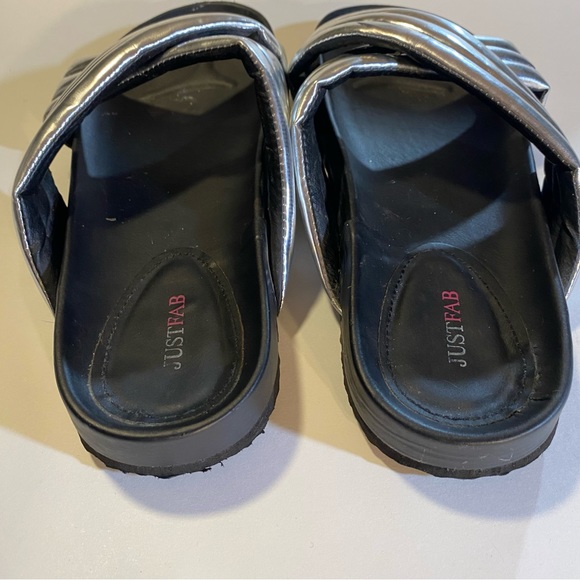 JustFab slides in 11, see pic for scuff on strap, light wear GUC fun puffy strap - Picture 4 of 6